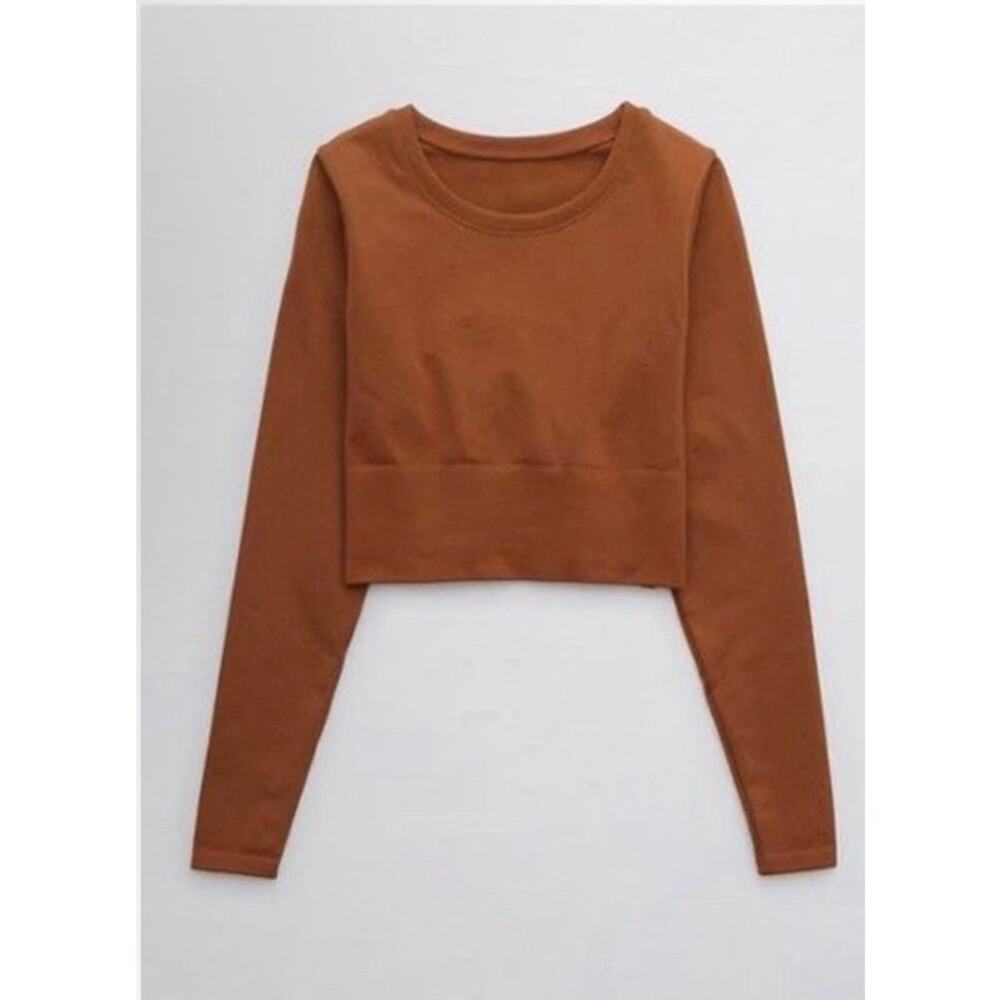 OFFLINE Aerie XS Sidewalk Seamless Long Sleeve Crop Tee Shirt Brown Horizon